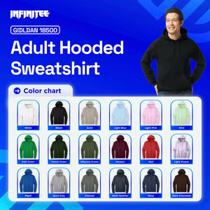 Promotional image of a black hooded sweatshirt with color chart on a blue background, featuring the brand 'Infinitee'.
