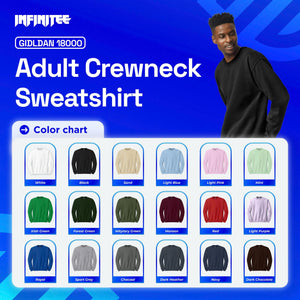 Promotional image of Adult Crewneck Sweatshirt with color chart and model wearing a black sweatshirt.